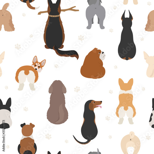 Dog poses behind. Dog`s butts. Flat design seamless pattern