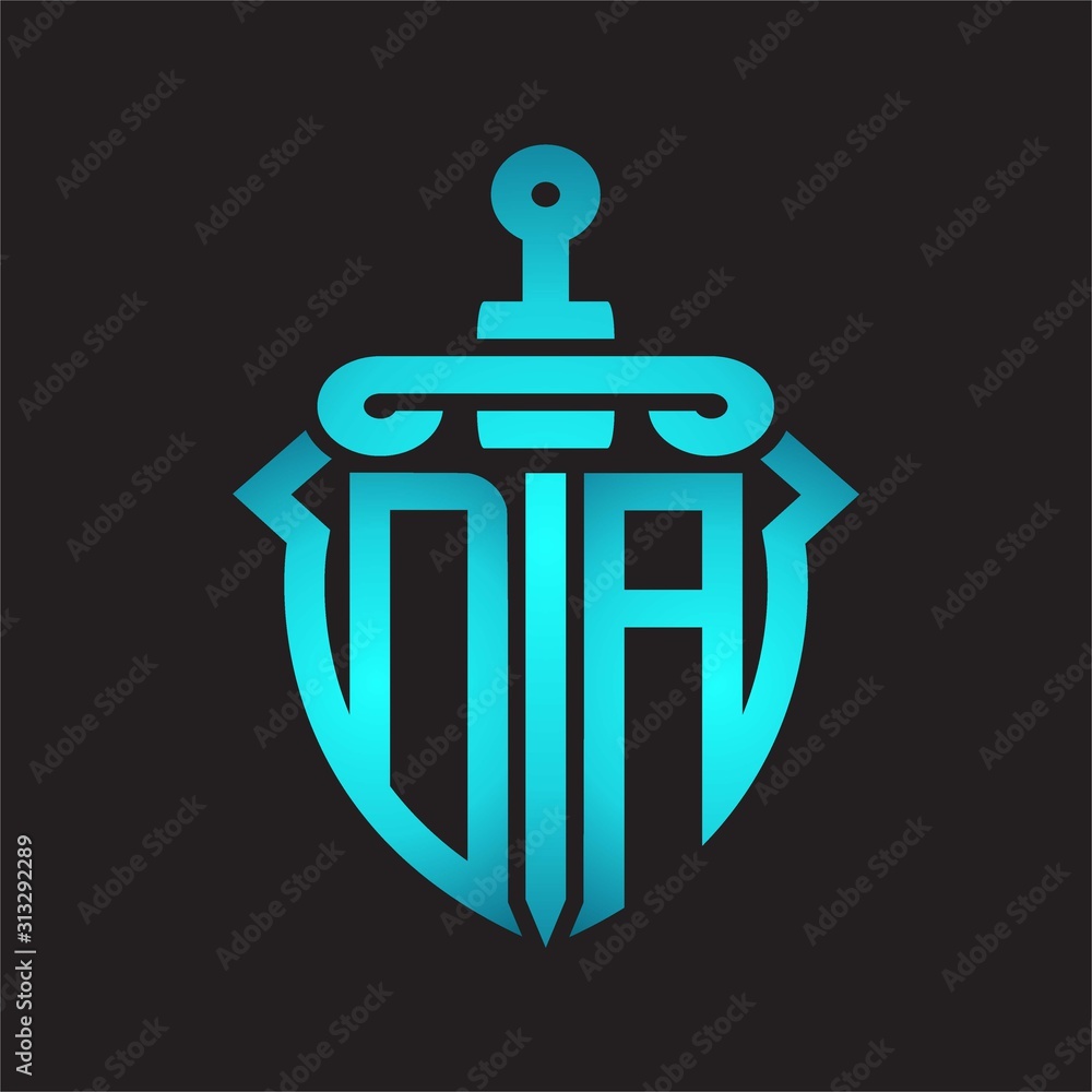 DA Logo monogram with sword and shield combination isolated blue colors gradient