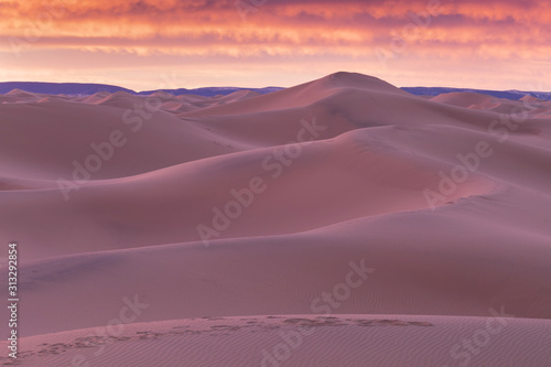  Desert landscape sand dunes at sunset sky near Merzouga  Morocco  Africa.  Discovery and adventure travel concept. Sunlight over the desert dunes.