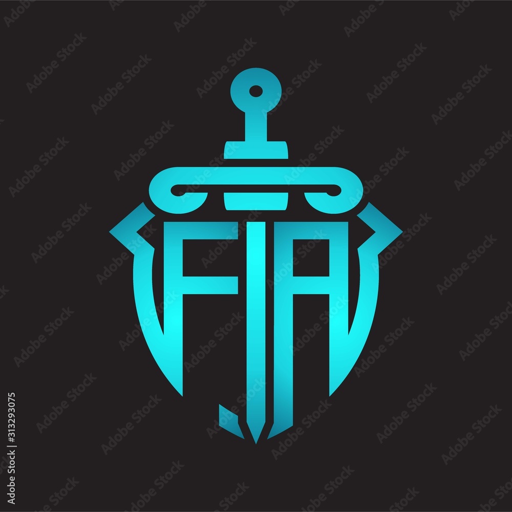 FA Logo monogram with sword and shield combination isolated blue colors gradient FA Logo monogram with sword and shield combination isolated blue colors gradient