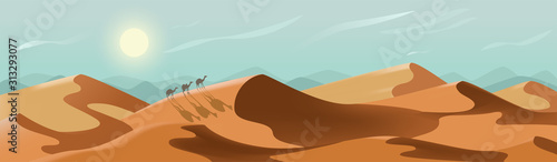 Desert landscape. Sunny nature panorama with camels. Bright summer day among endless sand dunes. Environment with no people. Vector peaceful banner