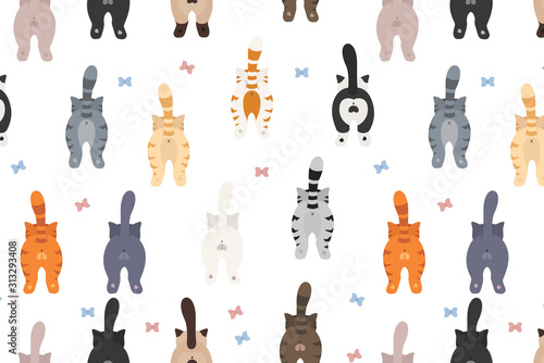 Cats poses behind. Cat`s butts. Flat design pattern
