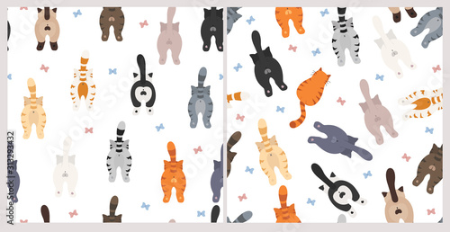 Cats poses behind. Cat`s butts. Flat design seamless pattern
