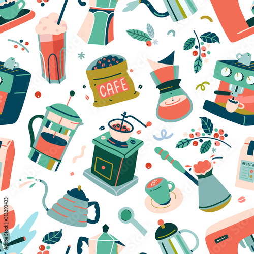 Coffee shop background made of colorful doodle illustrations, simple modern drawings of tools and utensils for brewing alternative coffee, grinder, coffee machine and other equipment, good as backdrop