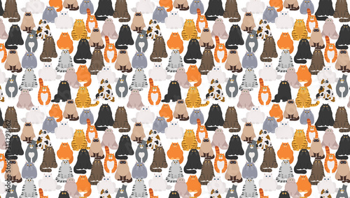 Cat poster. Cartoon cat characters seamless pattern. Different cat`s poses an...