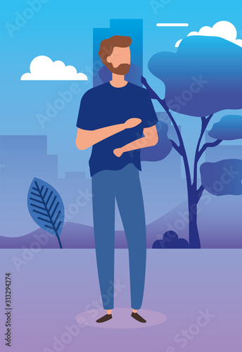 young man in park nature characters vector illustration design