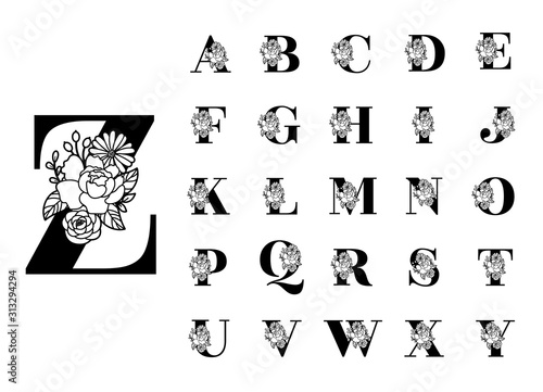 Floral alphabet cut out black letters. Flower bouquet silhouette abc font.