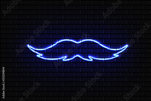 Neon blue mustache sign on dark brick wall background. Vector illustration. Movember bright signboard. 