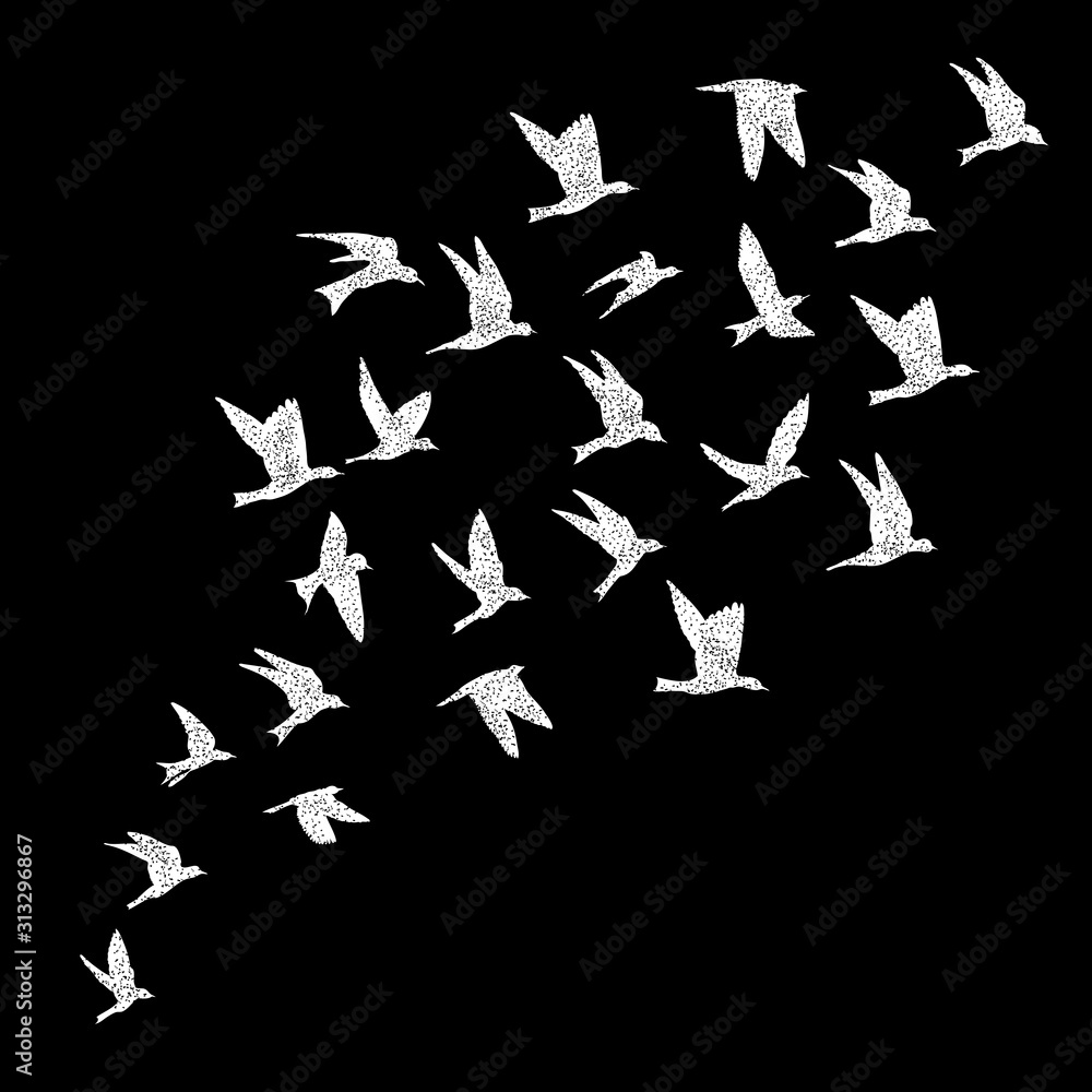 Isolated textured stipple silhouette of white birds flock in the black air Inspirational body flash tattoo ink. Vector. Isolated textured stipple silhouette of white birds flock in the black air Inspirational body flash tattoo ink. Vector.