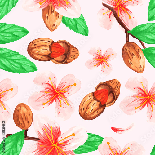 watercolor vegetable 5 seamless pattern of the branches nuts almonds for decoration design flowers leaves background is isolated