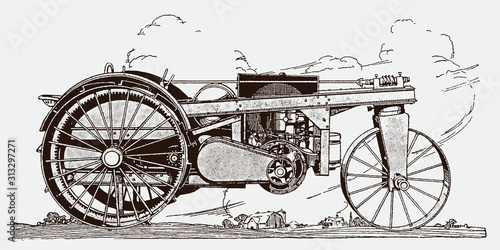 Historical tractor machine in side view. Illustration after an engraving from the early 20th century