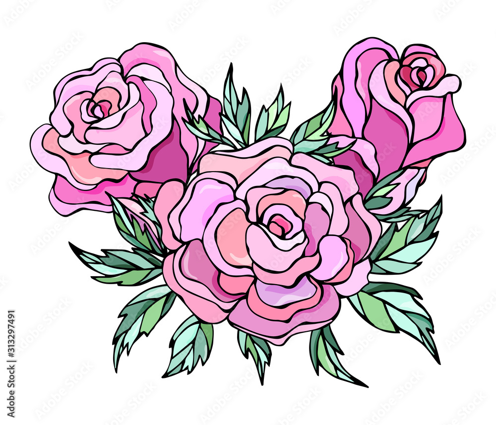 Vector bouquet with roses and leaves. Design greeting card and invitation of the birthday, wedding, Valentine's Day, mother's day and other holiday. Vector bouquet with roses and leaves. Design greeting card and invitation of the birthday, wedding, Valentine's Day, mother's day and other holiday.