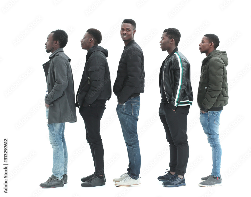 group of diverse guys standing in turns . isolated on white group of diverse guys standing in turns . isolated on white
