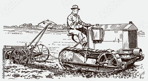 Historical farmer plowing his field with a tractor. Illustration after an engraving from the early 20th century