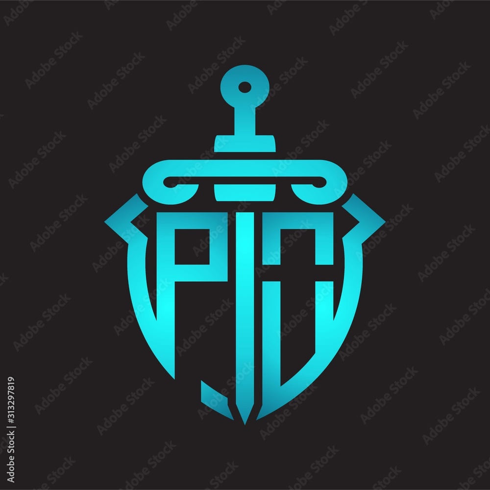 PO Logo monogram with sword and shield combination isolated blue colors gradient
