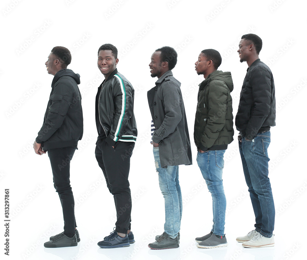 group of diverse guys standing in turns . isolated on white group of diverse guys standing in turns . isolated on white