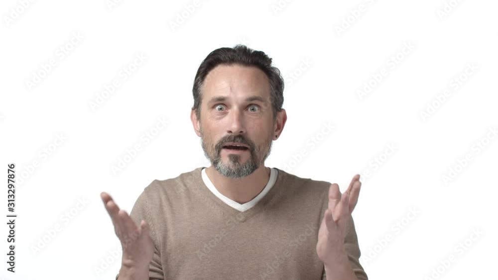No way, what. Slow-motion impressed and surprised adult father, mature man congrats coworkers, shaking hands and staring astonished with amazing achievement, praising friend made success No way, what. Slow-motion impressed and surprised adult father, mature man congrats coworkers, shaking hands and staring astonished with amazing achievement, praising friend made success