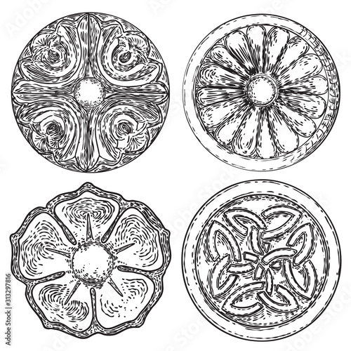Set of elegant vintage circular floral ornament in classic style. Round oriental flower element for pattern. Circle stucco ceiling moulding rosette. Vector.