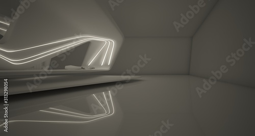 Abstract architectural smooth white interior of a minimalist house with swimming pool and neon lighting. 3D illustration and rendering.