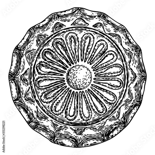 Vintage style floral circular design element. Flower rosette drawing for printing. Fashion pattern in black white for textile backgrounds. Vector.