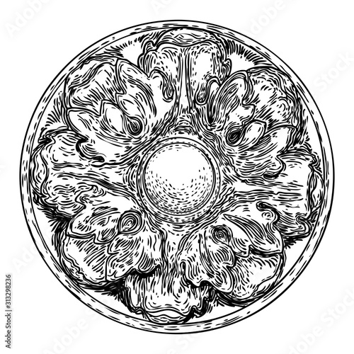 Vintage style floral circular design element. Flower rosette drawing for printing. Fashion pattern in black white for textile backgrounds. Vector.
