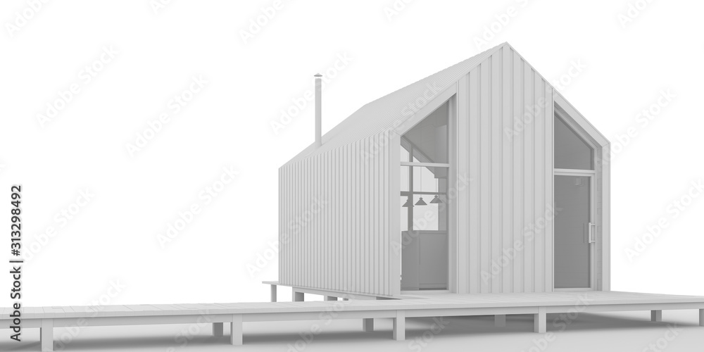 The project of a modern small cottage house in Scandinavian eco-friendly Northern style with a high roof on the lake in white materials with daylight on a white background. 3D illustration.