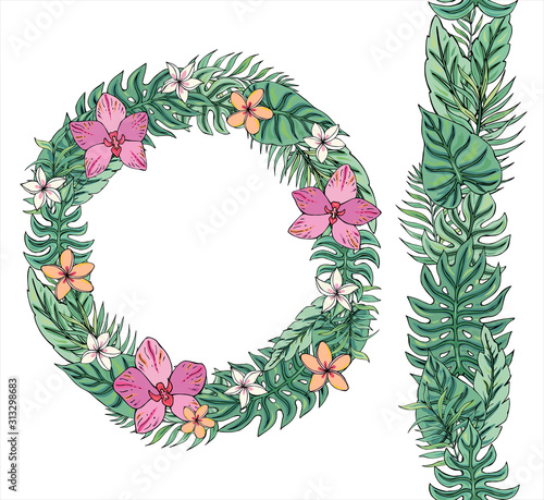 Flower wreath with tropical leaves, plumeria and orchid. For festive design, announcements, postcards, posters. Endless pattern brush with tropical leaves.