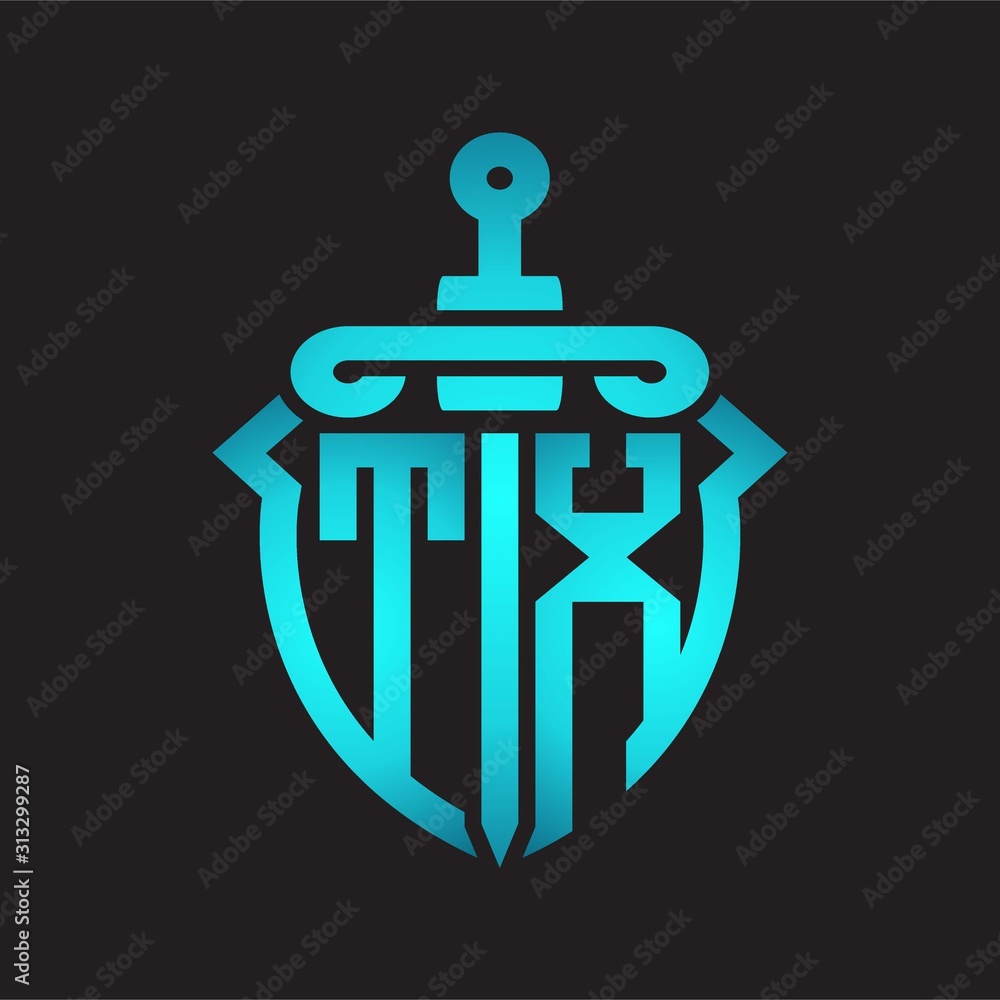 TX Logo monogram with sword and shield combination isolated blue colors gradient
