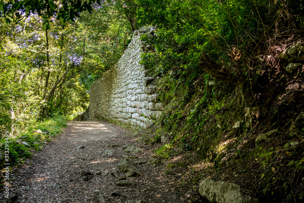 Building ruins and forest path. Beautiful warm spring day and archeological ruins at Butrint National Park, Albania, UNESCO heritage. Travel photography with fresh green flora Building ruins and forest path. Beautiful warm spring day and archeological ruins at Butrint National Park, Albania, UNESCO heritage. Travel photography with fresh green flora