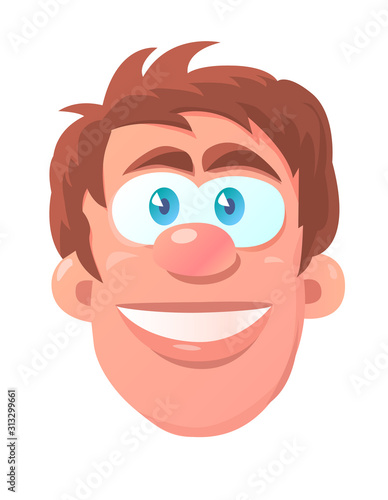 Funny head of a brunet guy with a smile on his face. Cartoon vector isolated illustration.