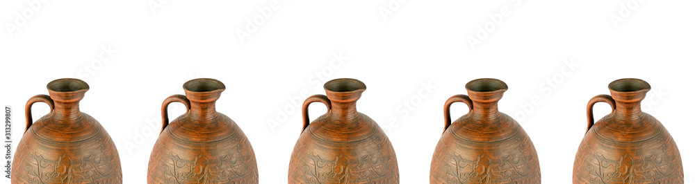 Сlay amphora Isolated on white background. Collage. Wide photo with free space for text.