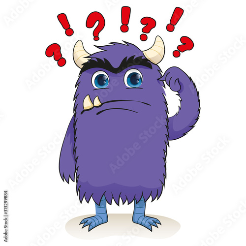 Cartoon of a little monster, charismatic purple, confused. Ideal for educational and institutional materials