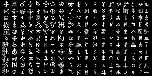 Big set of esoteric symbol design elements. Imaginary handwritten alchemy signs, space, spirituality, inspired by mysticism, freemasonry, astrology. Vector .