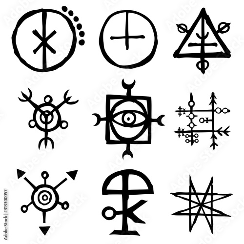 Set of Old Norse Scandinavian runes imaginary version. Runic alphabet symbols, futhark. Inspired by ancient occult symbols, vikings letters and runes. Vector.