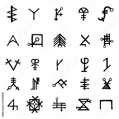 Mystic set with magic circles, pentagram and imaginary chakras symbols. Collection of icons with witchcraft and occult hand writing letters. Esoteric concept. Vector