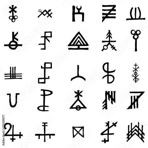 Set of alchemical symbols isolated on white background. Hand drawn and written elements for signs design. Inspiration by mystical, esoteric, occult theme. Vector.