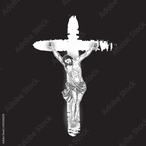 Jesus Christ crucifixion on hand painted ink brush cross on black background. Flash body tattoo. Symbol of Christianity prayer and religion. Concept spiritual and sacred holy. Vector.