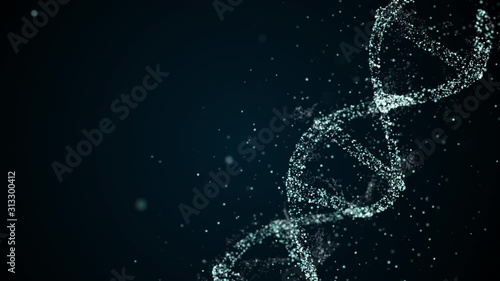 Artificial dna structure with shining light particles on dark artistic cyberspace background.