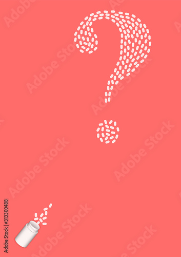 question mark lined with pills and jar for pills top view