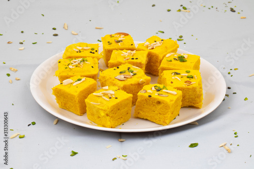 Indian Special Traditional Sweet Food Soan Papdi Also Know as Son Roll, Soam Papdi, Patisa, Shonpapdi is a popular Indian Dessert photo