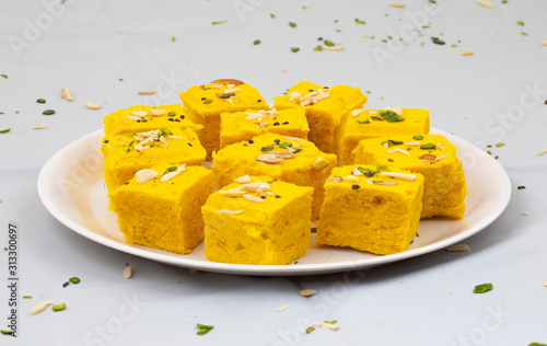 Indian Special Traditional Sweet Food Soan Papdi Also Know as Son Roll, Soam Papdi, Patisa, Shonpapdi is a popular Indian Dessert photo