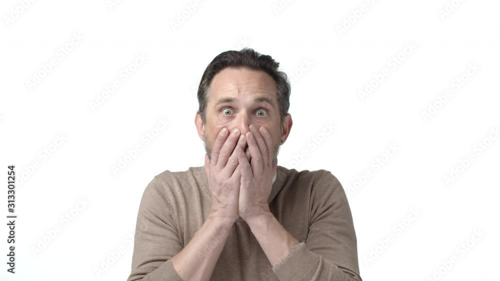 Slow-motion grandfather seing terrifying thing, grimacing, cover mouth, gasping from fear, frowning looking scared and insecure, worry for someone, saw something bad happened, white background