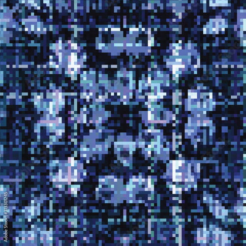 Classic blue blurred floral vector texture seamless pattern. Variegated bleach effect dyed indigo background. Denim  masculine grunge abstract backdrop. Melange japanese style batix repeat swatch.