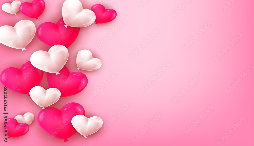 Valentines day background with 3D balloons heart.  illustration. Wallpaper, flyers, invitation, posters, brochure banners