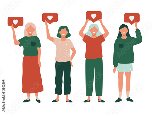 Girls with like notifications. Trendy internet promotion, digital social media success addiction, woman style audience concept, influencer marketing vector illustration