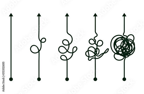 Simple and difficult way complex. Easy and chaos difficult concept, business line strategy vector isolated illustration set