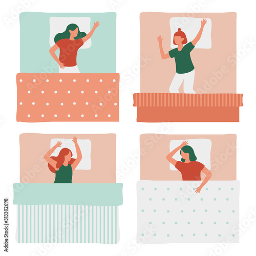 Women in bed. Sleeping woman in various posture, sleep positions, cute cartoon girls in bed, sleeping poses vector illustration isolated set