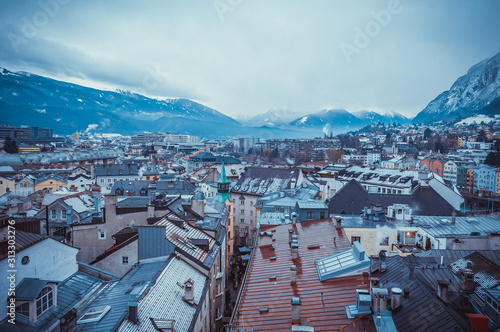 Innsbruck aerial view on the town in winter