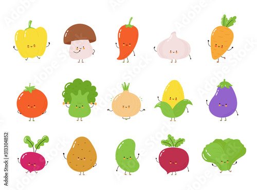 Cute happy vegetables character set collection. Isolated on white background. Vector cartoon character illustration design, simple flat style. Funny vegetables concept