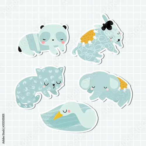 Set of cute lettle animals. Kids stickers. Vector hand drawn illustration.